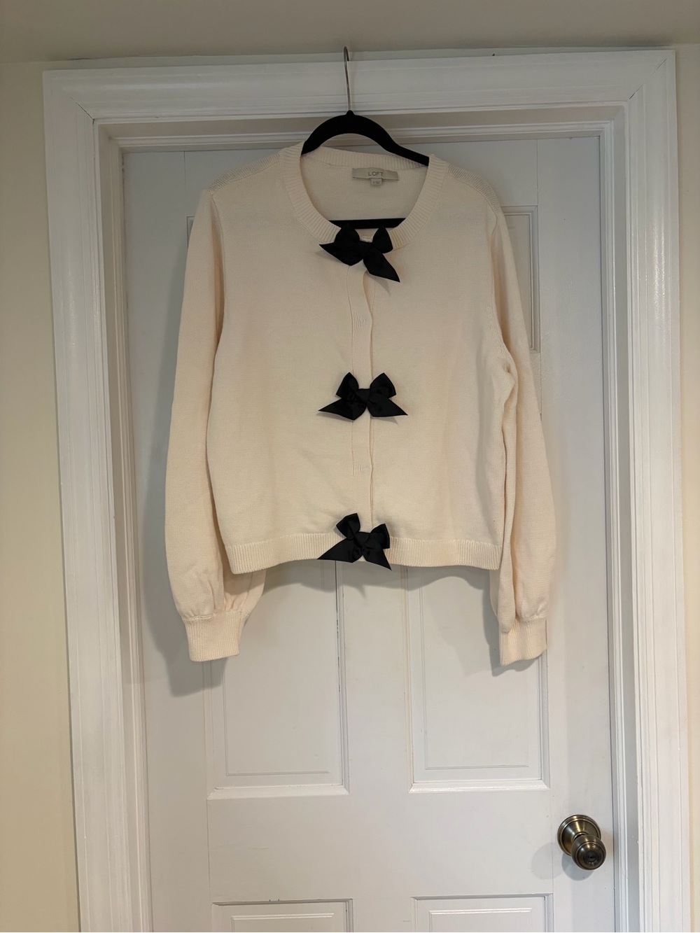 LOFT Cream Cardigan with Black Bow Detail